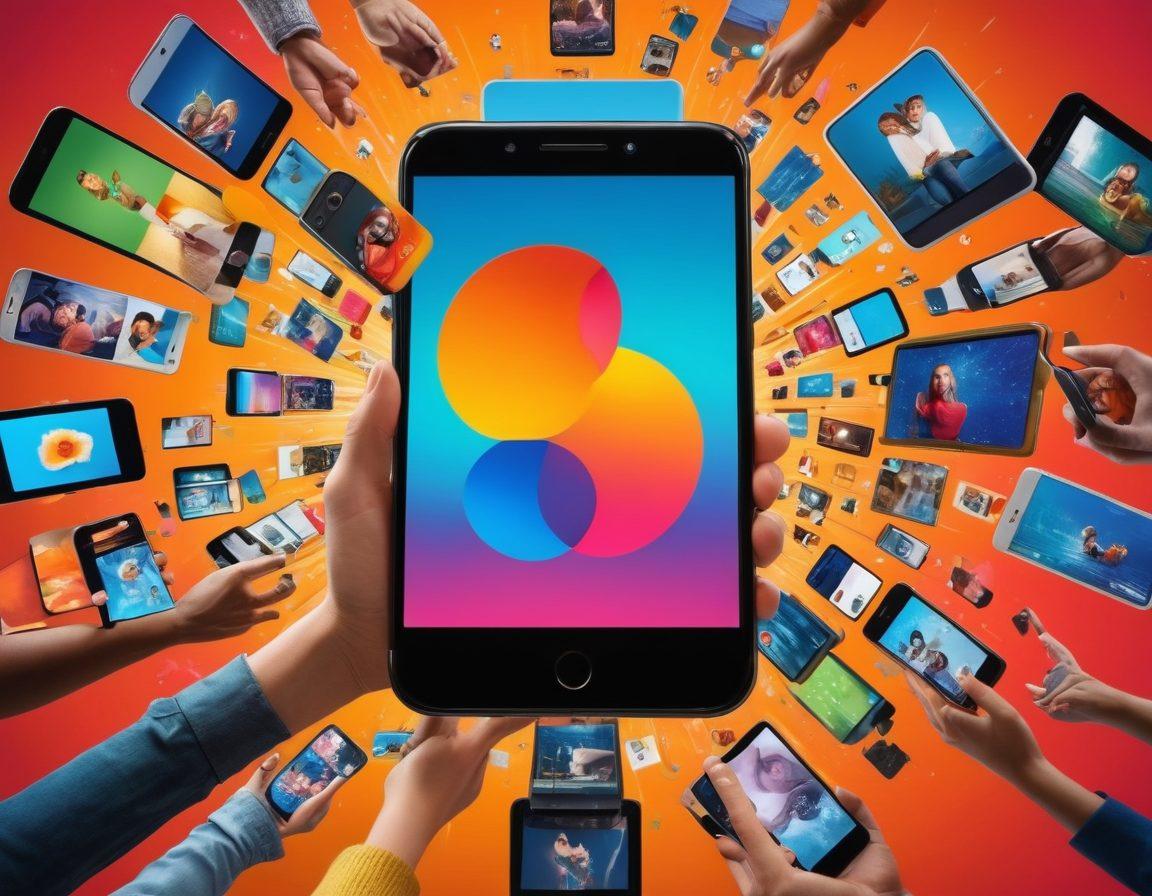 A dynamic collage showcasing diverse users creating content on various video platforms. Include elements like smartphones, cameras, and lively reactions from different demographics. Emphasize vibrant screens displaying videos filled with creativity and authenticity, capturing the essence of user-generated content. The background should be a colorful burst of digital elements, symbolizing engagement and connection. super-realistic. vibrant colors. 3D.