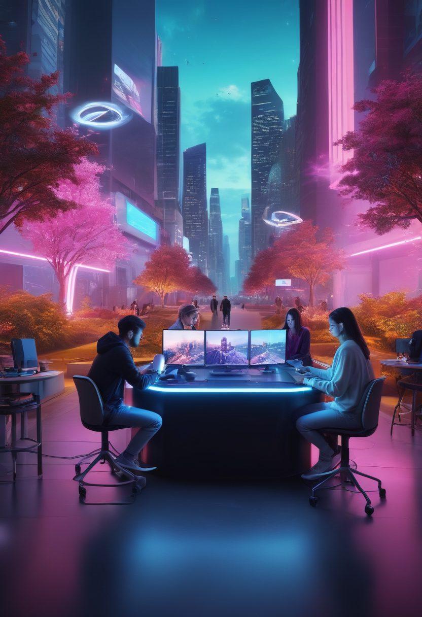 A futuristic scene depicting a diverse group of vloggers filming with advanced technology in various settings, such as a busy cityscape, a serene park, and a home studio. Include elements like drones, holographic displays, and creative editing tools. Capture the essence of user-generated content with vibrant interactions and dynamic expressions. Incorporate glowing, neon accents to emphasize technology and creativity. super-realistic. vibrant colors. 3D.