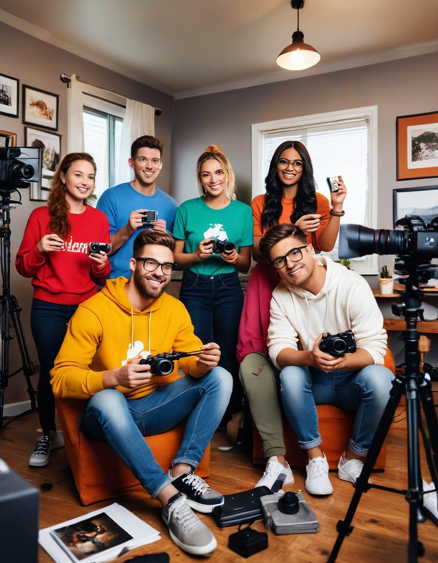 A vibrant scene depicting a diverse group of vloggers in various settings, capturing the essence of content creation. Some are filming on scenic locations, others editing in cozy home studios, all showcasing modern equipment like cameras and drones. Incorporate elements like social media icons in the background and a glowing play button to symbolize engagement. The atmosphere is energetic and motivational, highlighting the journey from amateur to influencer. super-realistic. dynamic colors. 3D.